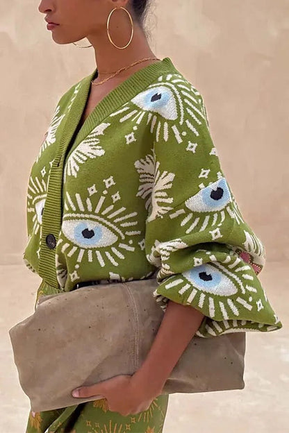 Mysterious Magic Knit Eye Heart Pattern Button Up Long Sleeve Loose Cardigan