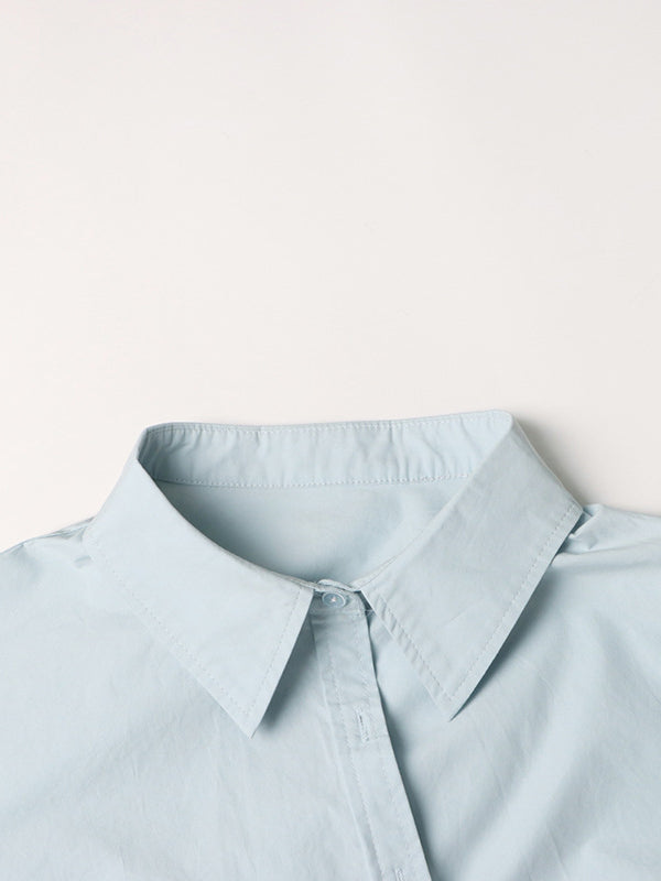 Long Sleeves Loose Buttoned Solid Color Zipper Lapel Collar Shirts Tops