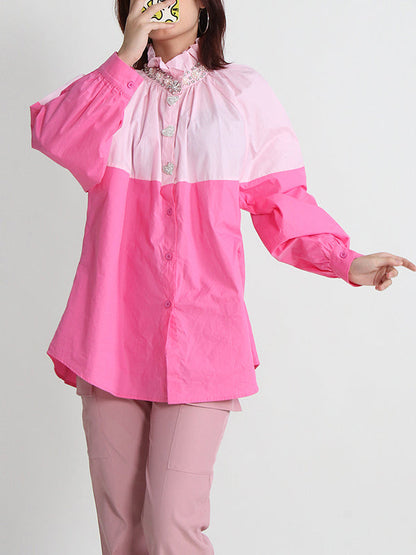 Long Sleeves Loose Buttoned Contrast Color Rhine Stones Mock Neck Blouses&Shirts Tops