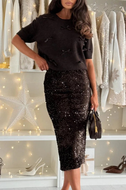 Light The Night Knit Satin Bow Detail Short Puff Sleeve Sweater