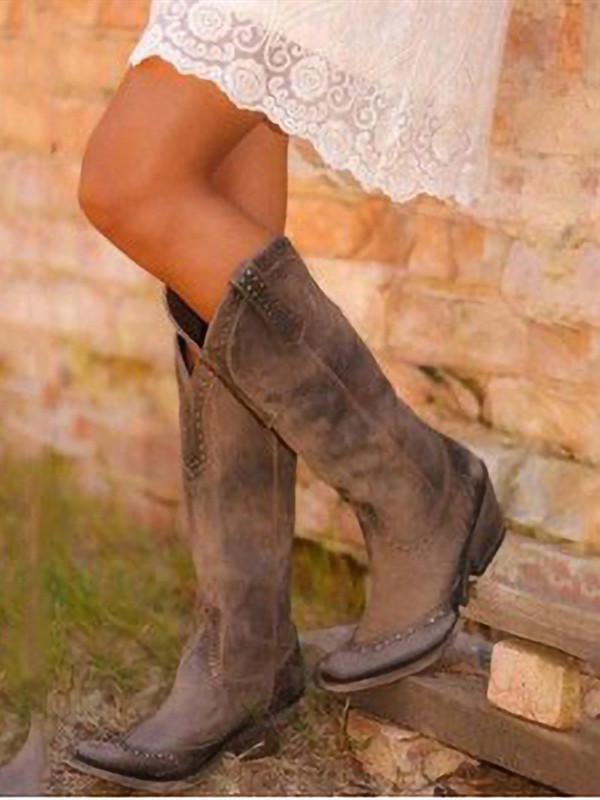 Plain Round Toe Casual Outdoor Knee Highthigh Heels Boots