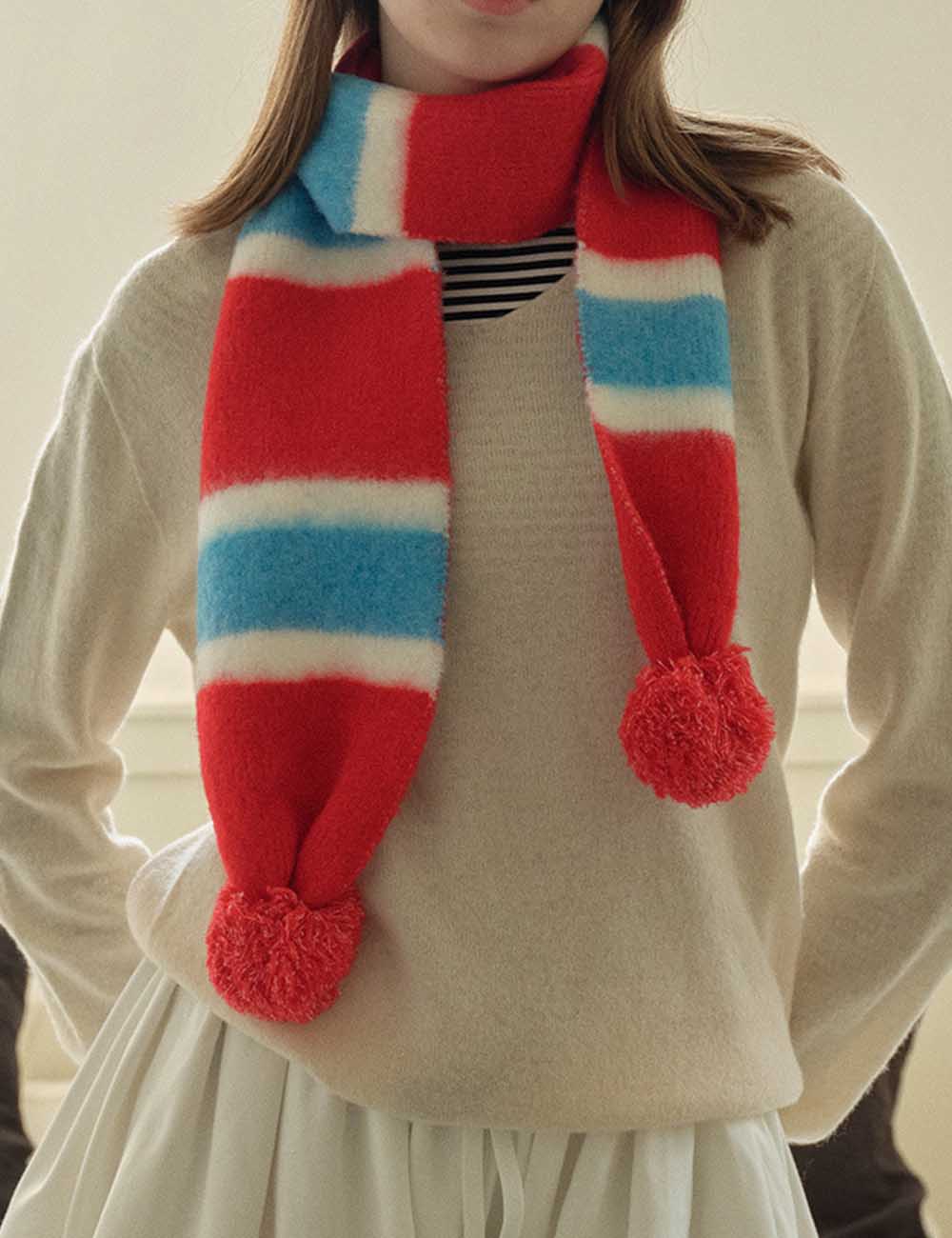Cute Knit Striped Scarf with Pom Pom