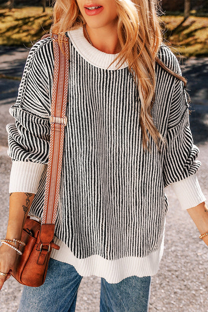 Bright Pink Striped Contrast Trim Loose Sweater