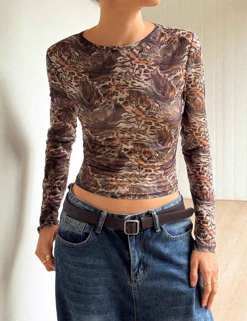 Mesh Leopard Print Round Neck Sheer Blouse