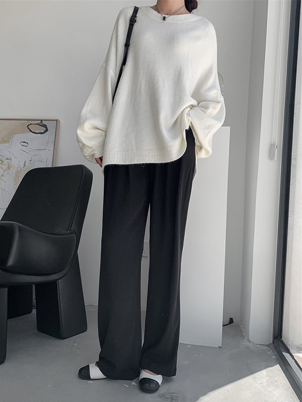 Loose Puff Sleeves Split-Side Solid Round-Neck Sweater Tops