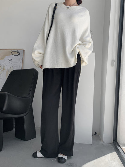 Loose Puff Sleeves Split-Side Solid Round-Neck Sweater Tops