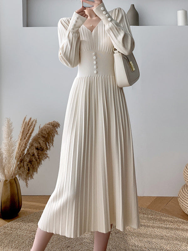 Solid Color Tied Waist Pleated Long Sleeves V-Neck Sweater Dresses