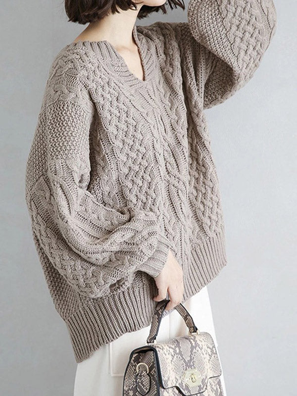 Stylish Loose Jacquard Solid Color V-Neck Sweater