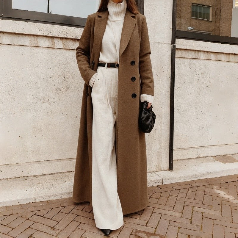 2025 Winter Women Long Wool Coat Polyester Warm Solid