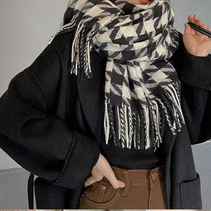 Houndstooth Imitated Cashmere Tassled  Shawl Scarf