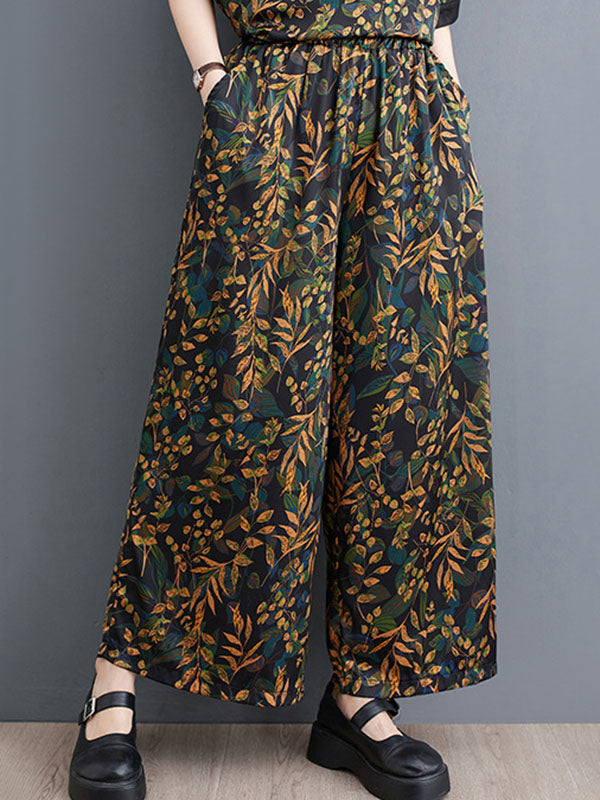 Loose Short Sleeves Printed Lapel Two Pieces Set