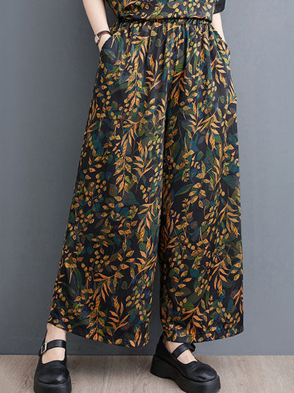 Loose Short Sleeves Printed Lapel Two Pieces Set