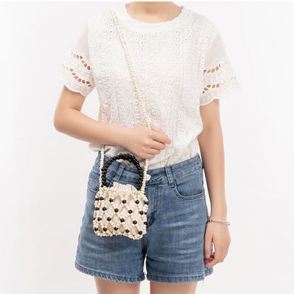 Cosbai - Color-Blocked Wooden Bead Crossbody Bag