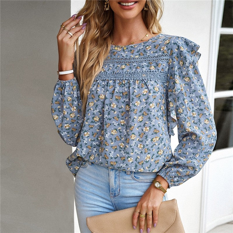 Round Neck Long Sleeve Floral Shirt