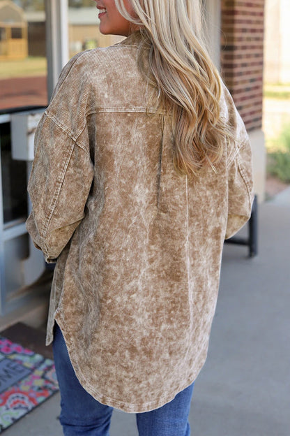Khaki Vintage Distressed Mineral Wash Oversized Shacket