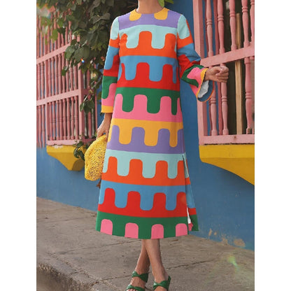 Long Sleeves Loose Printed Split-Side Round-Neck Maxi Dresses Midi Dresses