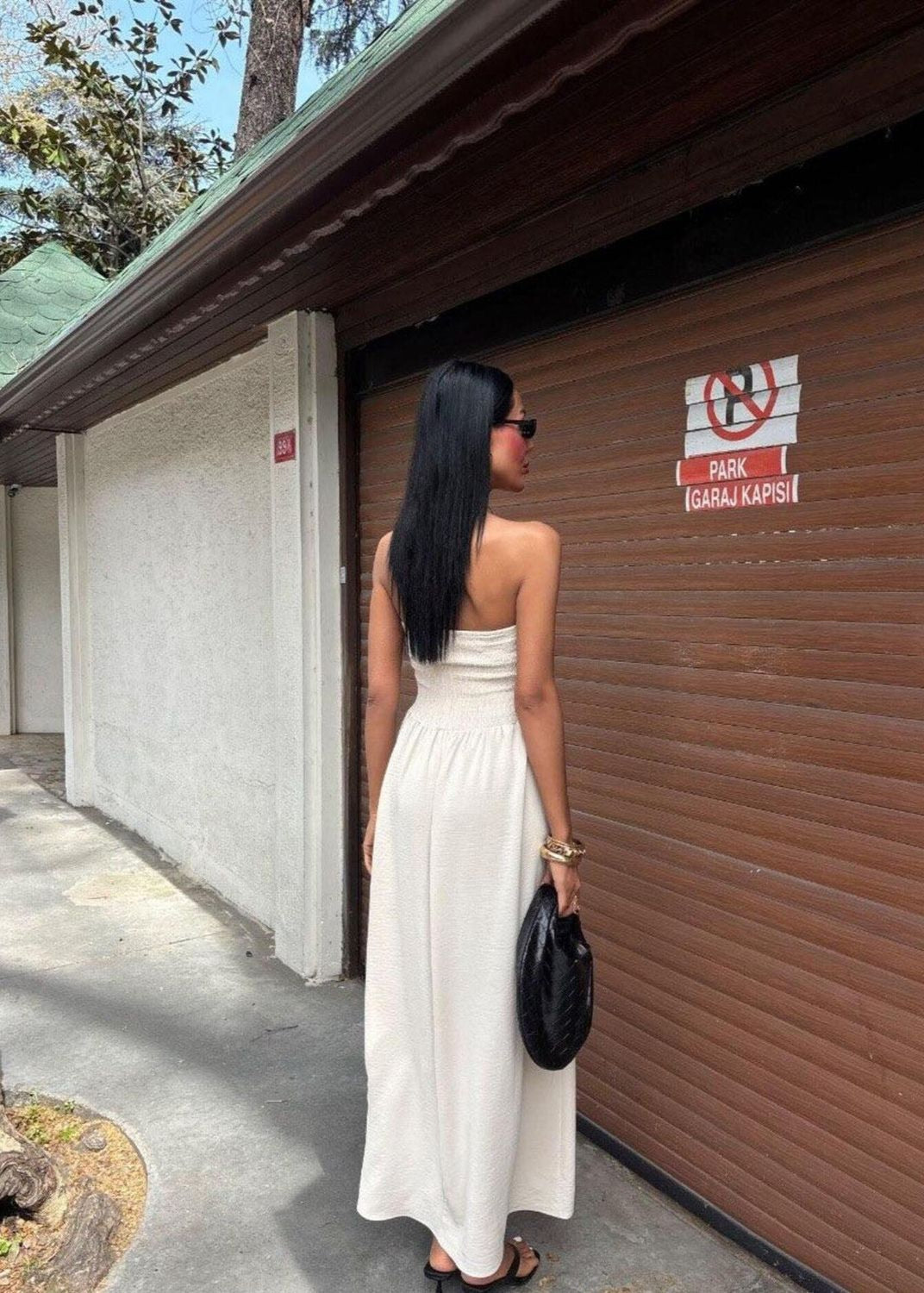Strapless Smocked Polyester Maxi Dress Yellow