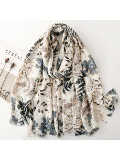 Scarvii - Leaf Print Long Thin Scarf - Versatile &amp; Stylish