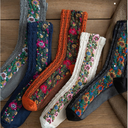 Retro Socks Women'S Tube Socks Ethnic Style Literary Forest Floral Japanese Pile Stockings Stockings