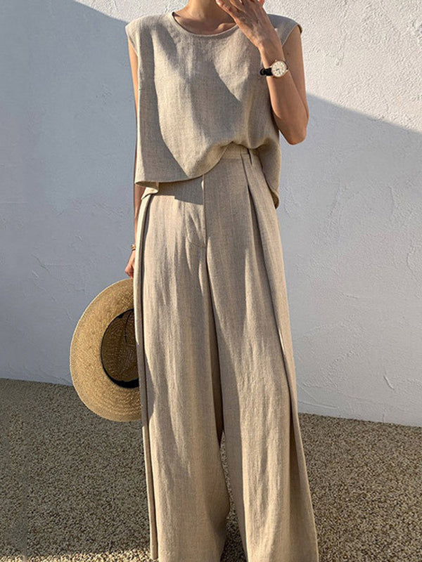 Casual Plus Size Solid Color Sleeveless T-Shirts Tops & Wide Leg Pants Suits