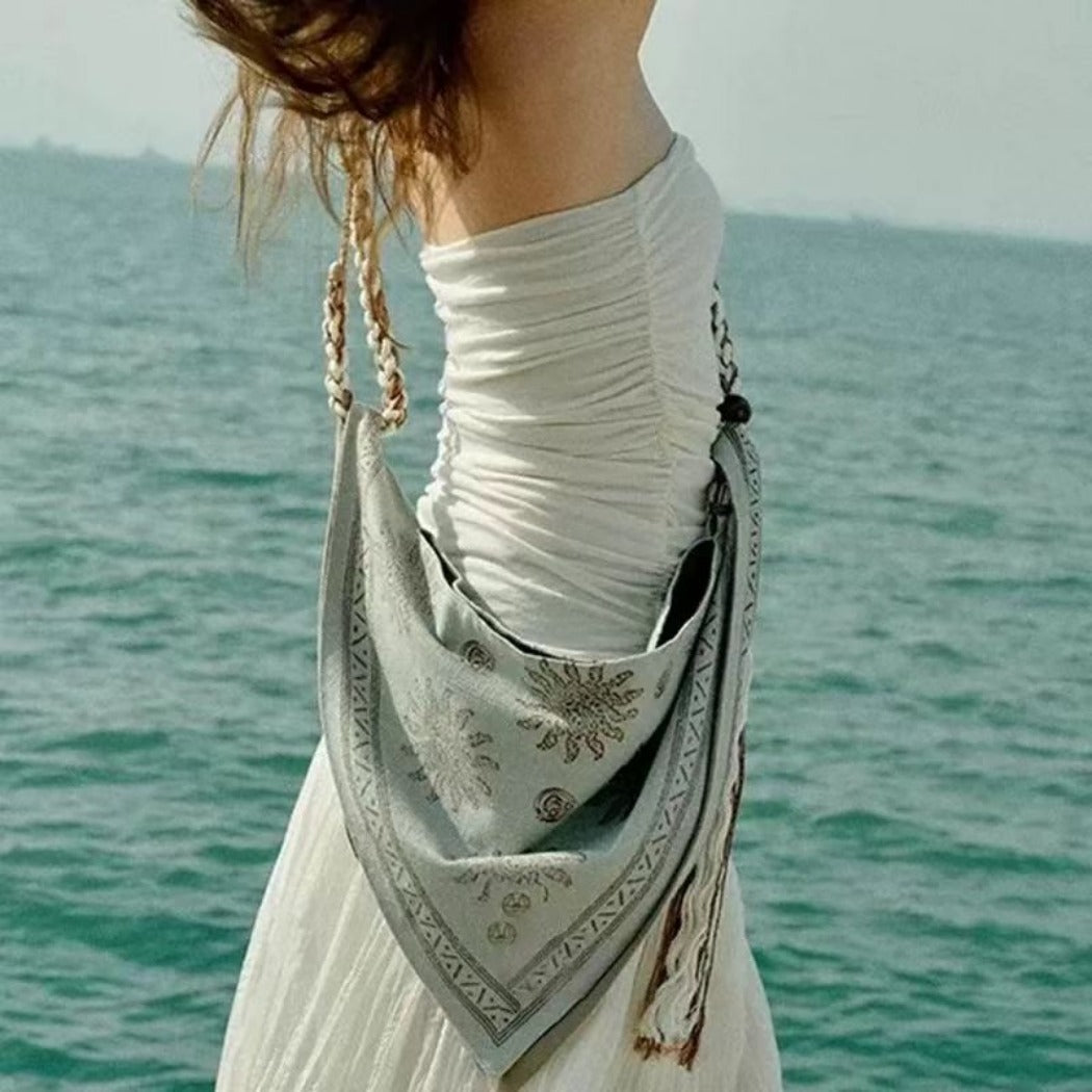 Cosbai - Boho Triangle Tote Bag With Tassel