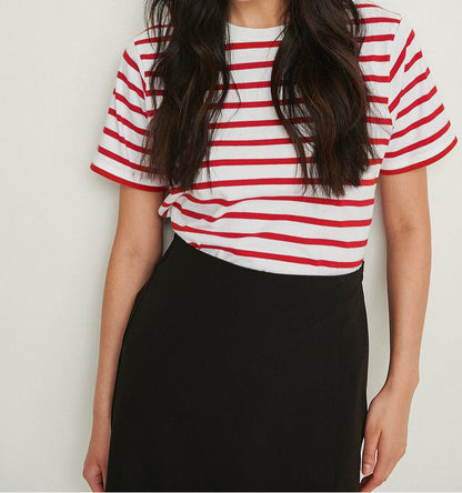 Round Neck Striped Loose Short Sleeves Top