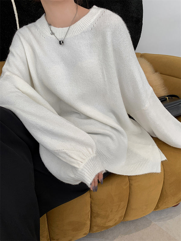 Loose Puff Sleeves Split-Side Solid Round-Neck Sweater Tops