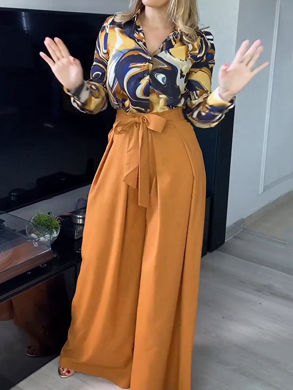Printed Long Sleeves Buttoned Lapel Blouse + Tied Waist High Waisted Wide Leg Pants Two Pieces Set