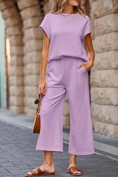Women's Casual Textured Tops and Wide Leg Pants Lounge Sets