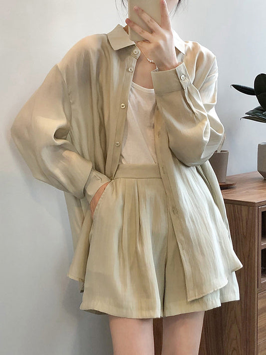 Loose Solid Color Long Sleeves Blouse + Pleated Shorts Two Pieces Set