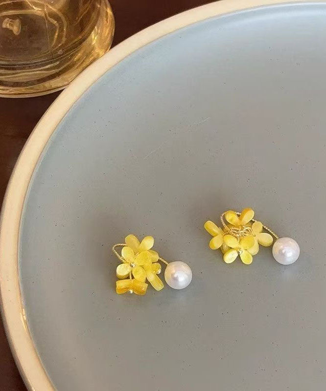 Cute Yellow Copper Acrylic Pearl Floral Hoop Earrings