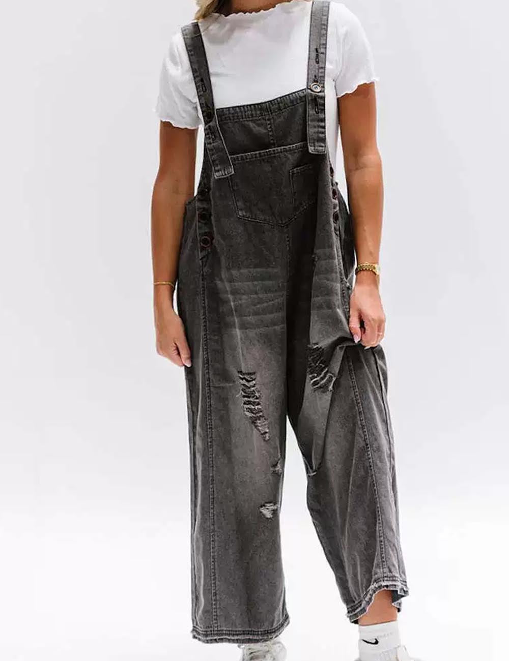 Distressed Rippd Loose Wide Leg Bib Overalls