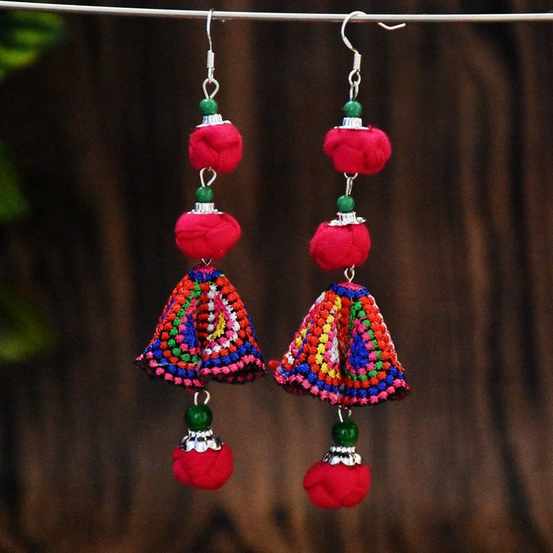 New Handmade Women'S Earrings Ethnic Style Original Joker Fabric Colored Ball Embroidered Earrings