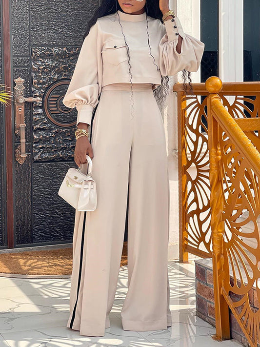 Casual Long Sleeves T-Shirts & High-Waisted Wide Leg Pants Suits