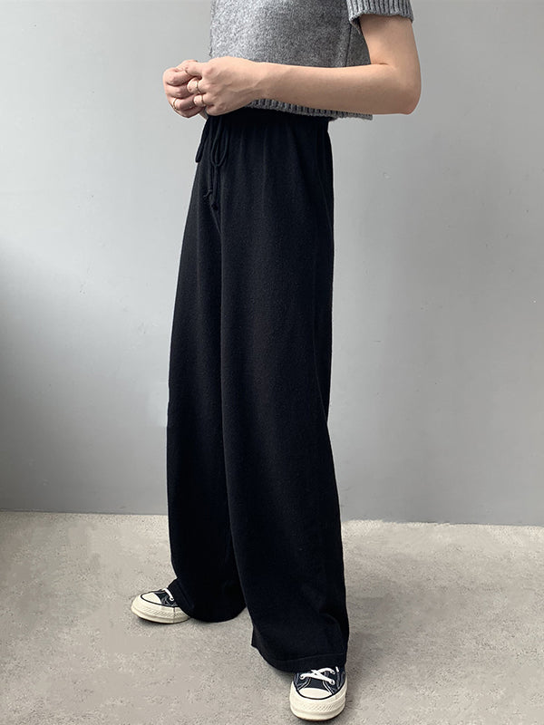 Loose Wide Leg Drawstring Solid Color Knitting Casual Pants Bottoms