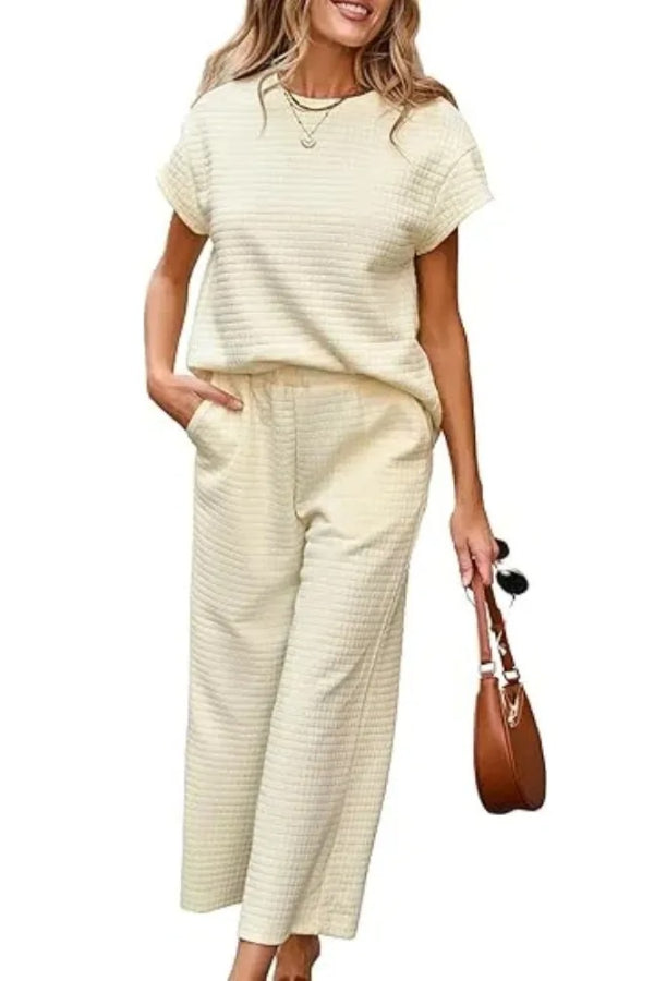 Women's Casual Textured Tops and Wide Leg Pants Lounge Sets