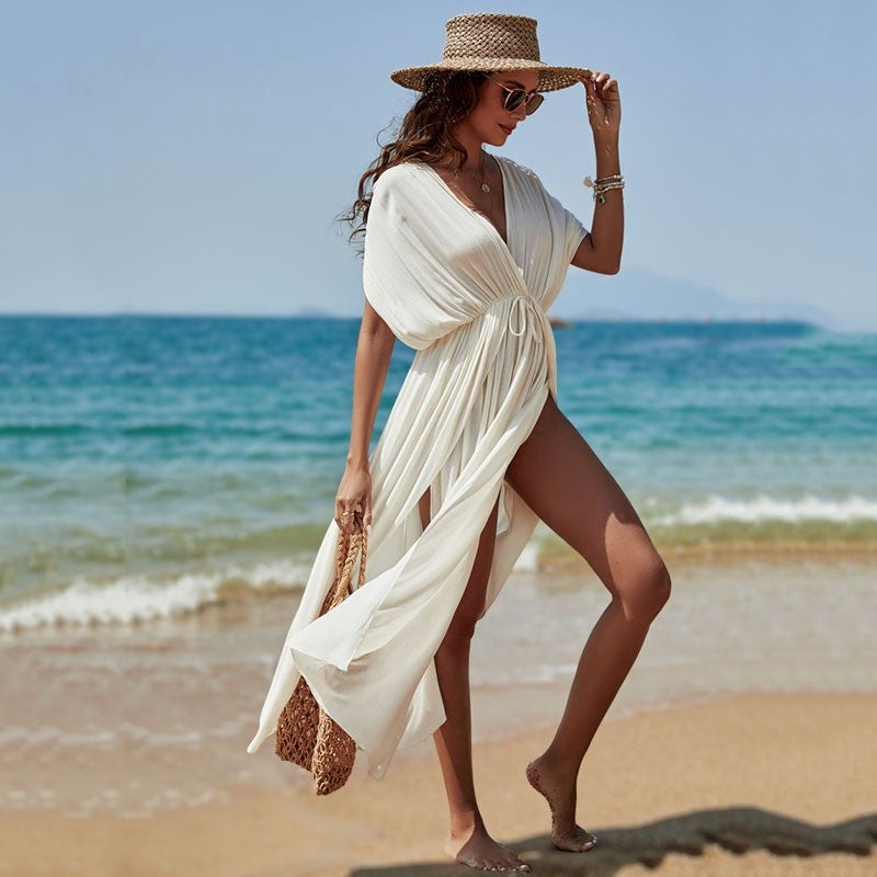 Half-Sleeve Deep-V Solid Color Loose-Fit Cover-Up