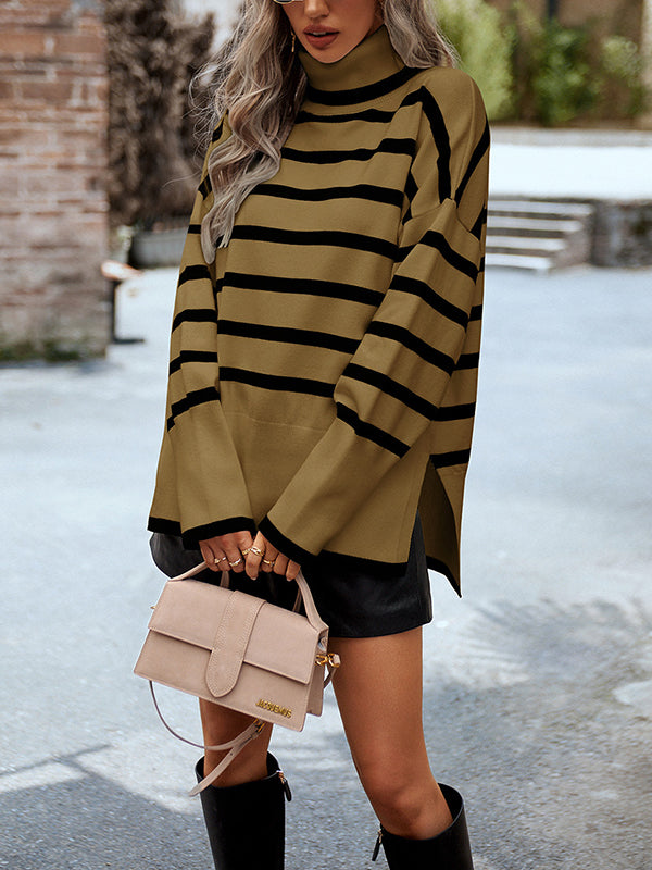Loose Wrap Contrast Color Split-Side Striped High-Neck Sweater Tops