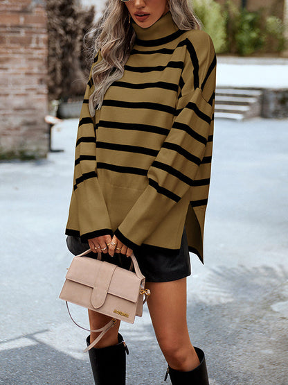 Loose Wrap Contrast Color Split-Side Striped High-Neck Sweater Tops