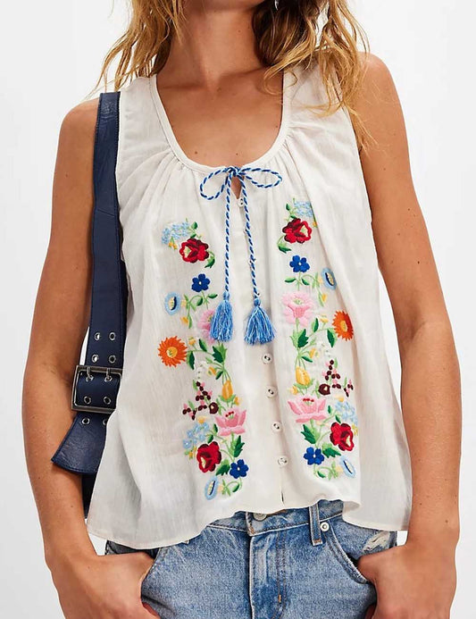 Embroidered Flower U-Neck Sleeveless Top