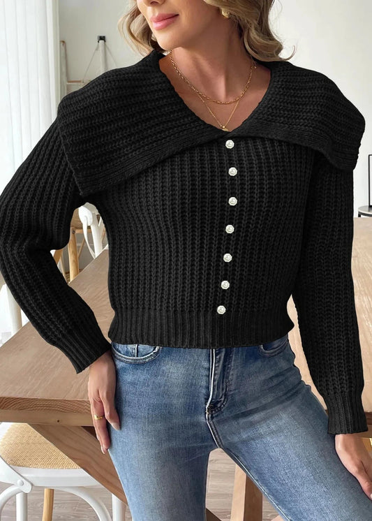 Short Beaded Lapel Sweater In Soft Knit