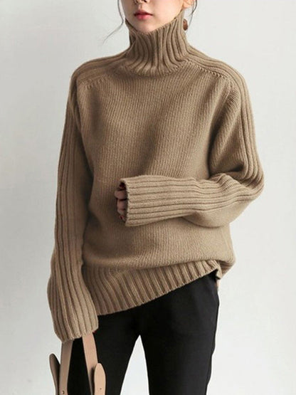Loose Long Sleeves Solid Color High-Neck Sweater Tops