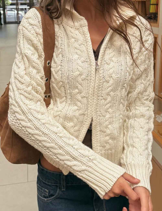 Solid Color Slouchy Zipper Cable Knit Cardigan