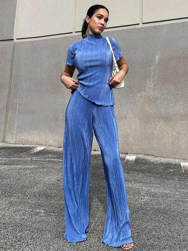 Simple Solid Color High-Neck T-Shirt Top&Wide Legs Pants 2 Pieces Set