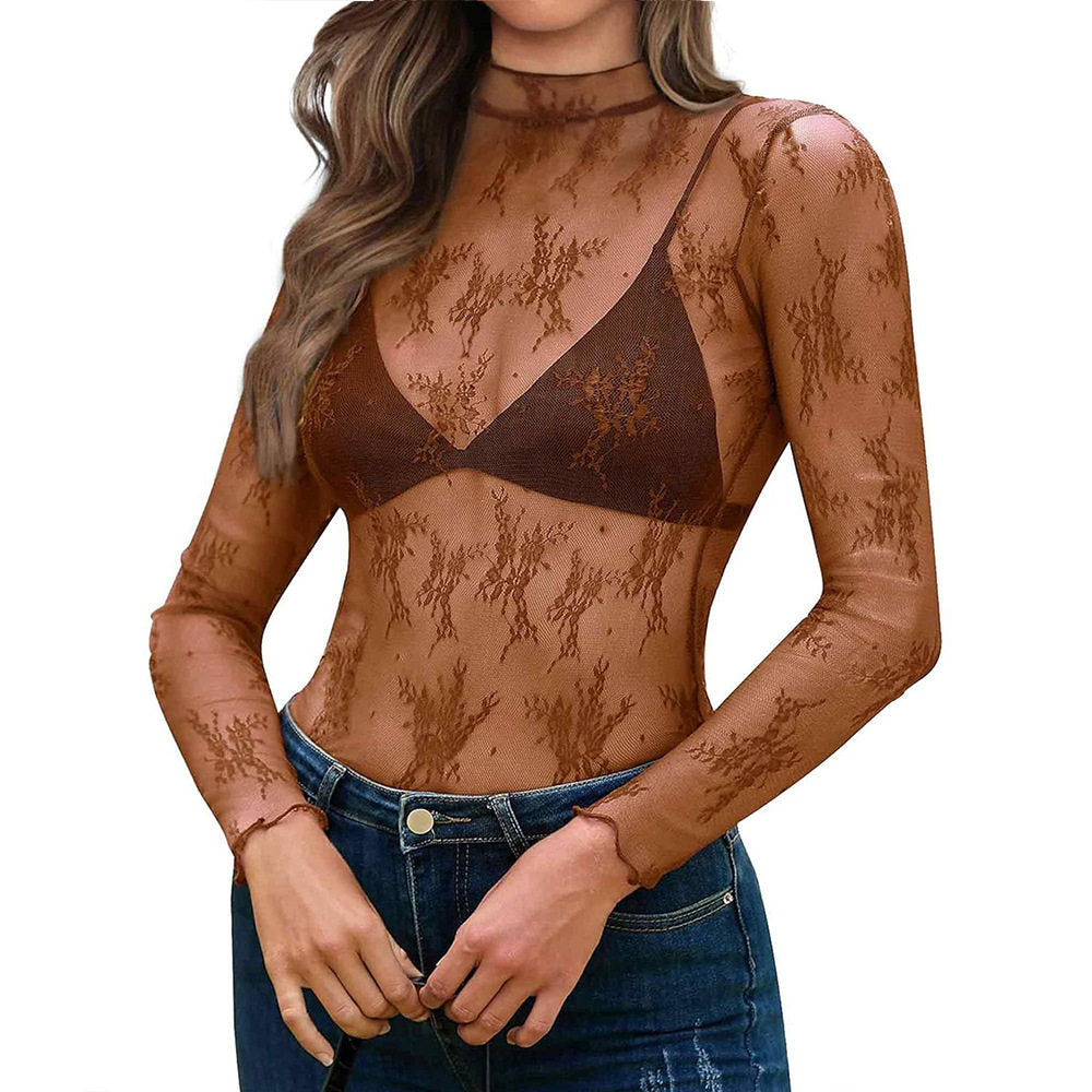 Mesh Long Sleeve Turtleneck Top