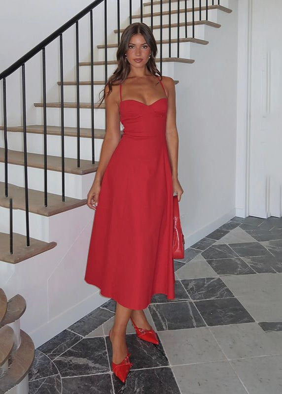 Strappy Back Midi Dress In Red Structured Fabric