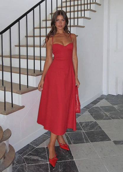 Strappy Back Midi Dress In Red Structured Fabric