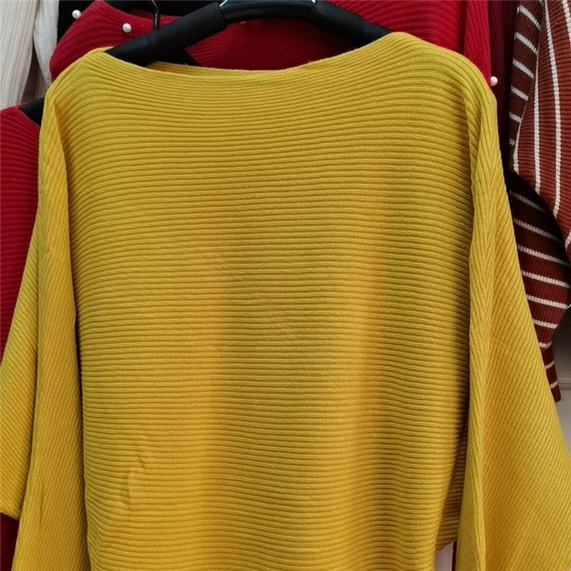 Solid Color One-Word Collar Bat Sleeve Knit Sweater