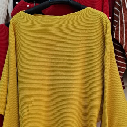 Solid Color One-Word Collar Bat Sleeve Knit Sweater