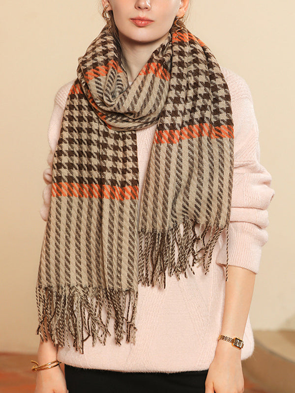 Houndstooth Plaid Tasseled Shawl&Scarf